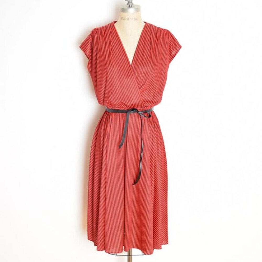 Vintage Classic Surplice Midi Dress in Red and black Pinstripes